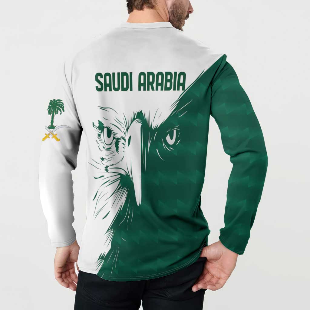Green and white sweatshirt, back view, “SAUDI ARABIA” text with falcon print