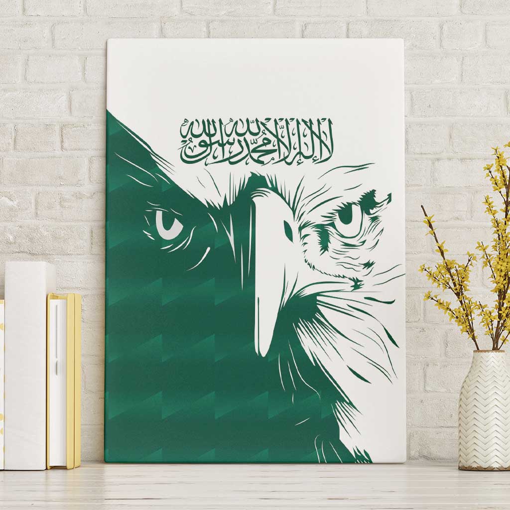 Green and white falcon canvas wall art with Arabic calligraphy above the bird’s eyes
