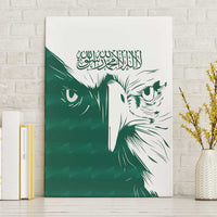 Green and white falcon canvas wall art with Arabic calligraphy above the bird’s eyes