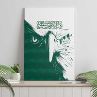 Green and white falcon canvas wall art with Arabic calligraphy and detailed face