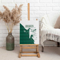 Green and white falcon canvas wall art featuring Arabic calligraphy and close-up eyes