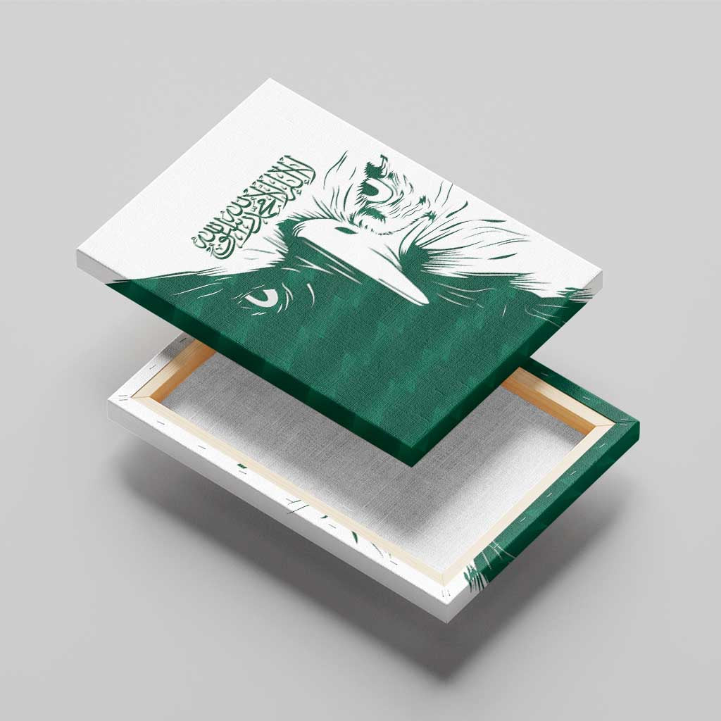 Green and white falcon canvas wall art angled view with Arabic calligraphy