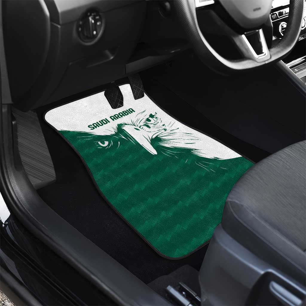 Green Saudi Arabia falcon car floor mat for front seat, angled view with white border