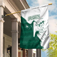 Green and white Saudi falcon garden flag with Arabic calligraphy on fabric