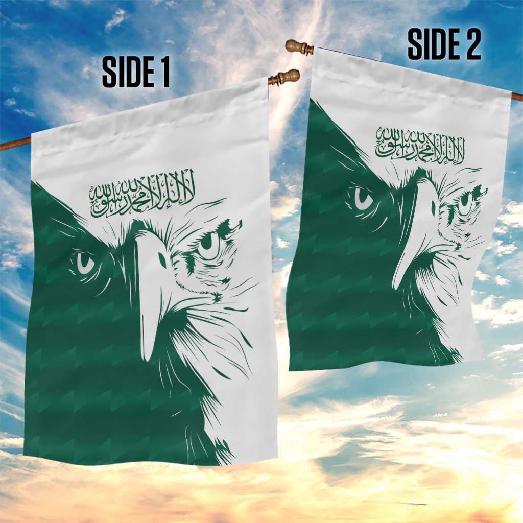 Two-sided Saudi falcon garden flag set with Arabic calligraphy and falcon face