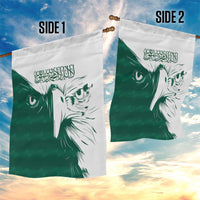 Two-sided Saudi falcon garden flag set with Arabic calligraphy and falcon face