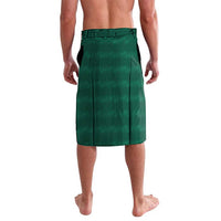 Green wrap sarong skirt with gathered waistband and straight hem