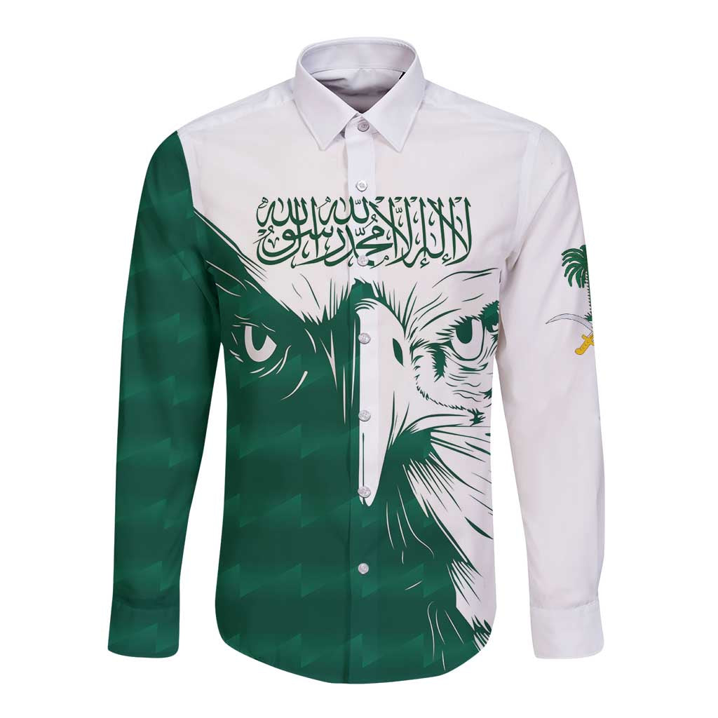 Men's long-sleeve button shirt with Saudi falcon graphic, white and green