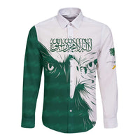 Men's long-sleeve button shirt with Saudi falcon graphic, white and green