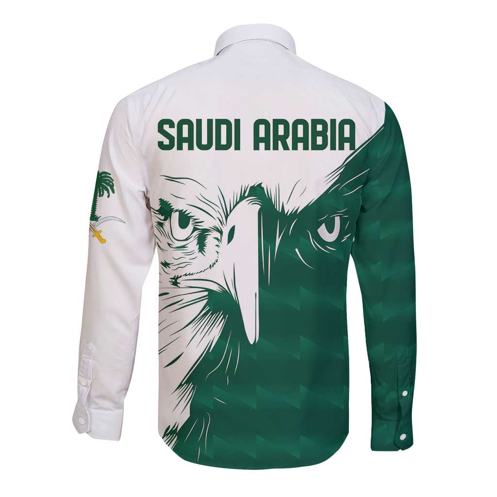 Back long-sleeve button shirt with 'SAUDI ARABIA' falcon graphic, white and green