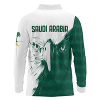 White and green long-sleeve polo shirt, back view with “SAUDI ARABIA” and falcon
