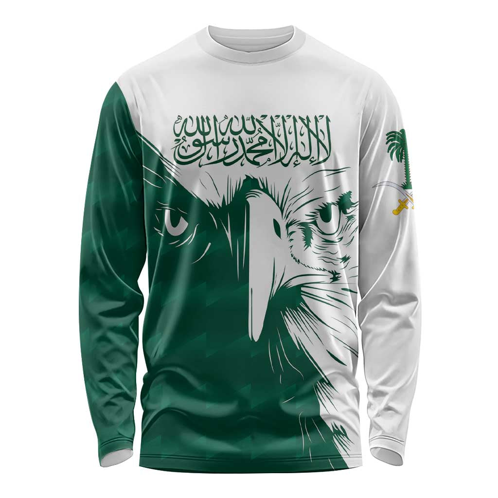 Unisex long sleeve shirt with green-and-white falcon face and Arabic script front