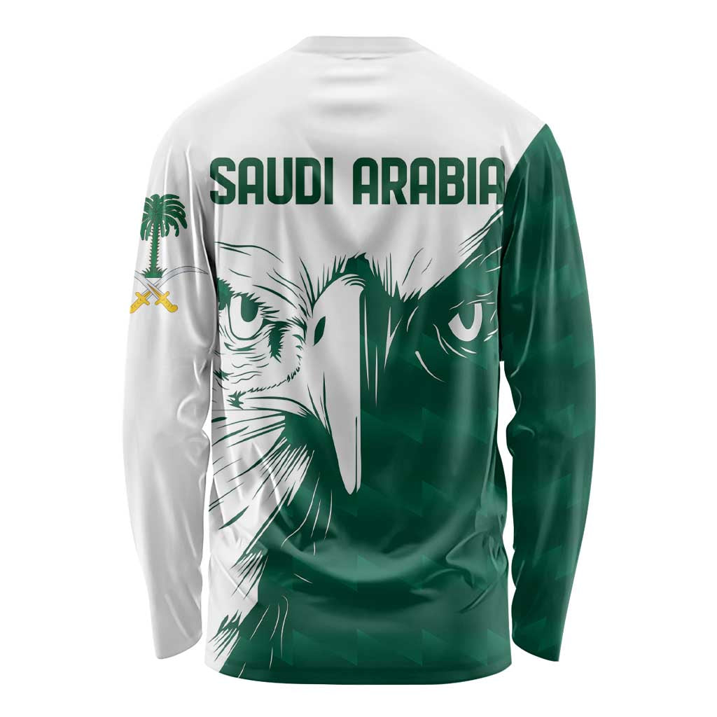 Unisex long sleeve shirt with 'SAUDI ARABIA' text and green falcon face back