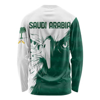Unisex long sleeve shirt with 'SAUDI ARABIA' text and green falcon face back
