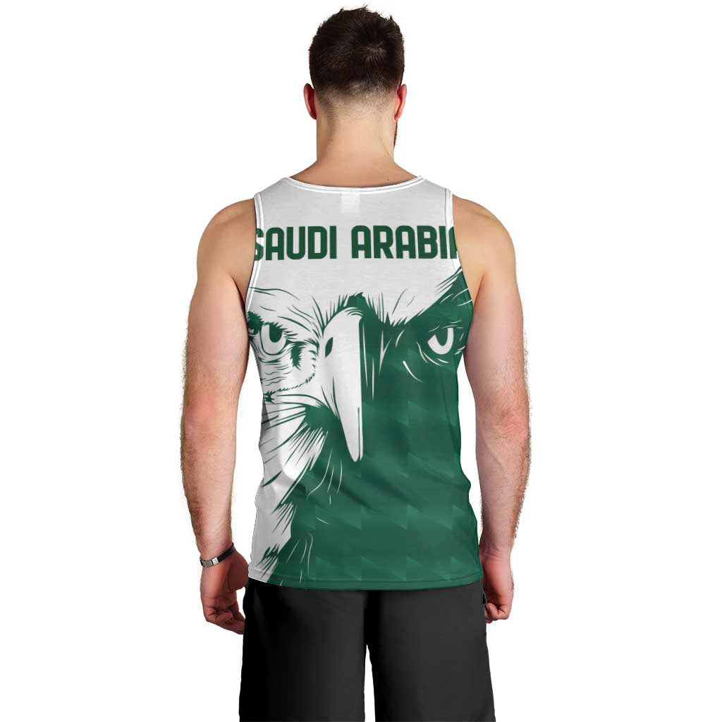 Men's green and white tank top, back view with large falcon graphic and lettering
