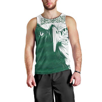 Men's green and white tank top featuring a falcon face print with Arabic-style text