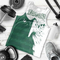 Green and white men's tank top with falcon face graphic and Arabic-style lettering