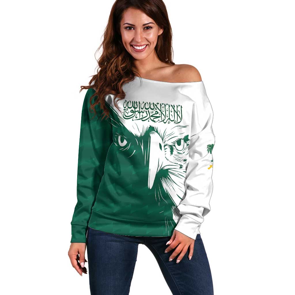 Women’s off-shoulder sweater, green and white with bold falcon face graphic