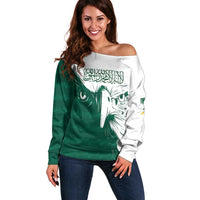 Women’s off-shoulder sweater, green and white with bold falcon face graphic