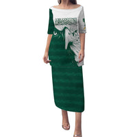 Green long dress with white off-shoulder neckline, short sleeves, falcon face graphic