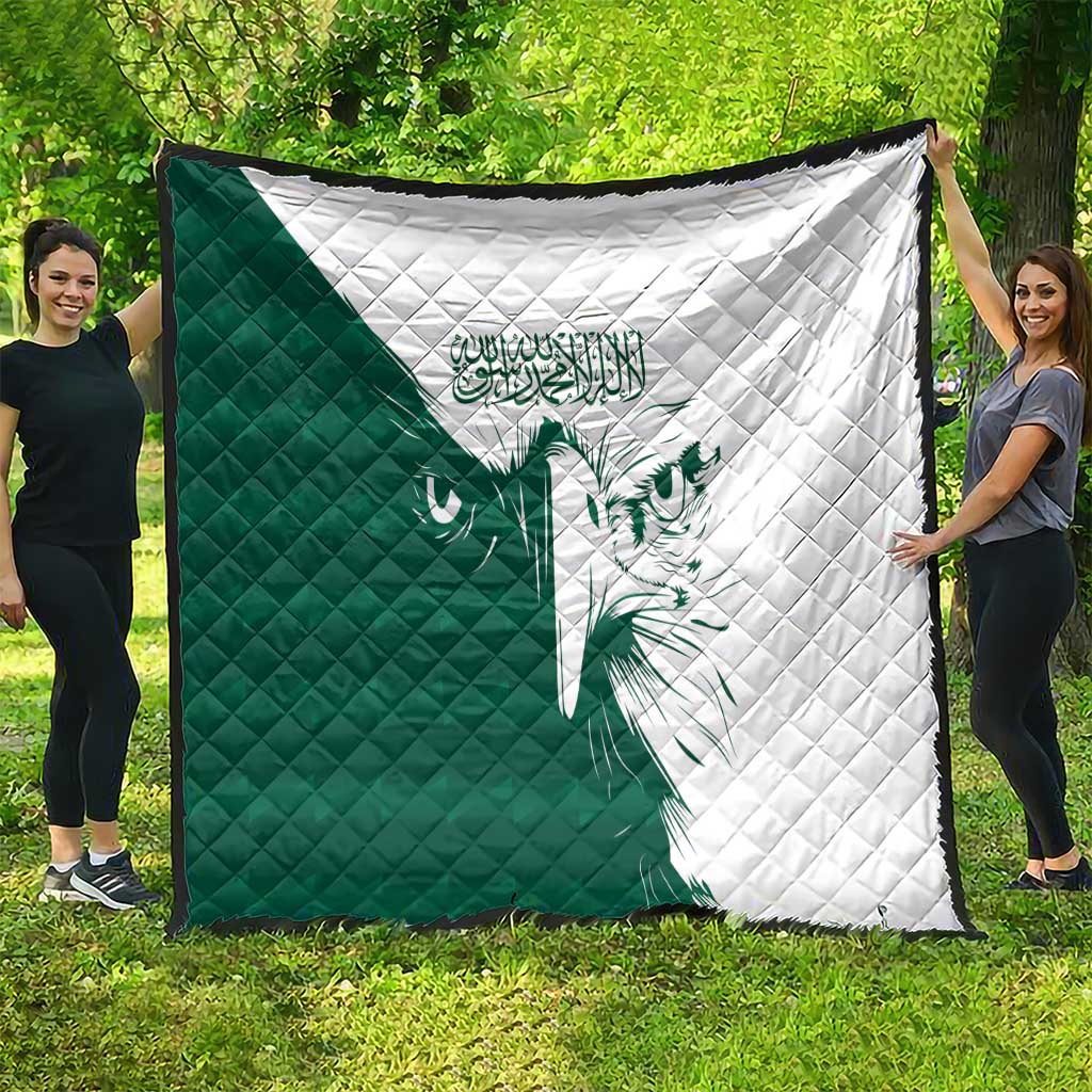 Green and white diamond-stitched quilt with a central falcon illustration