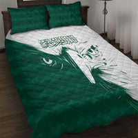 Green and white falcon quilt bed set with decorative Arabic script and matching pillowcases