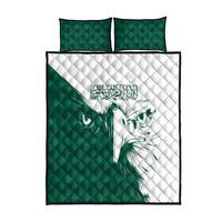 Green and white falcon quilt bed set with two pillow covers and decorative Arabic script