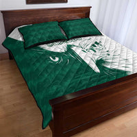 Green and white falcon quilt bed set with quilted design, falcon print, and Arabic script