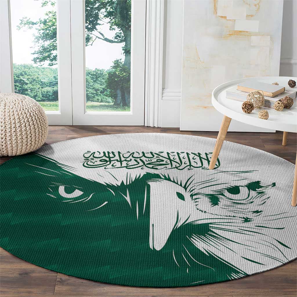Green round carpet showing white falcon face and Arabic calligraphy motif