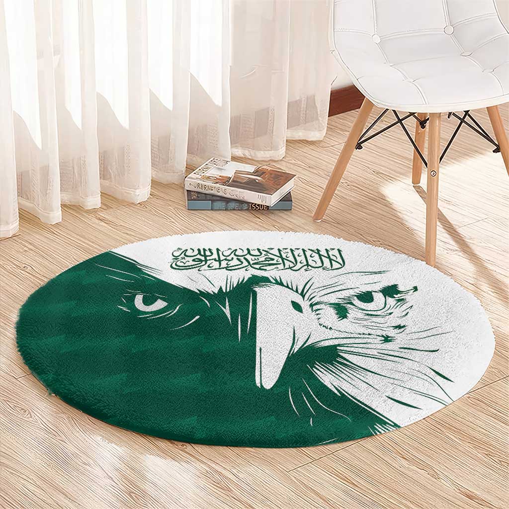 Green round rug with centered white falcon graphic and Arabic calligraphy