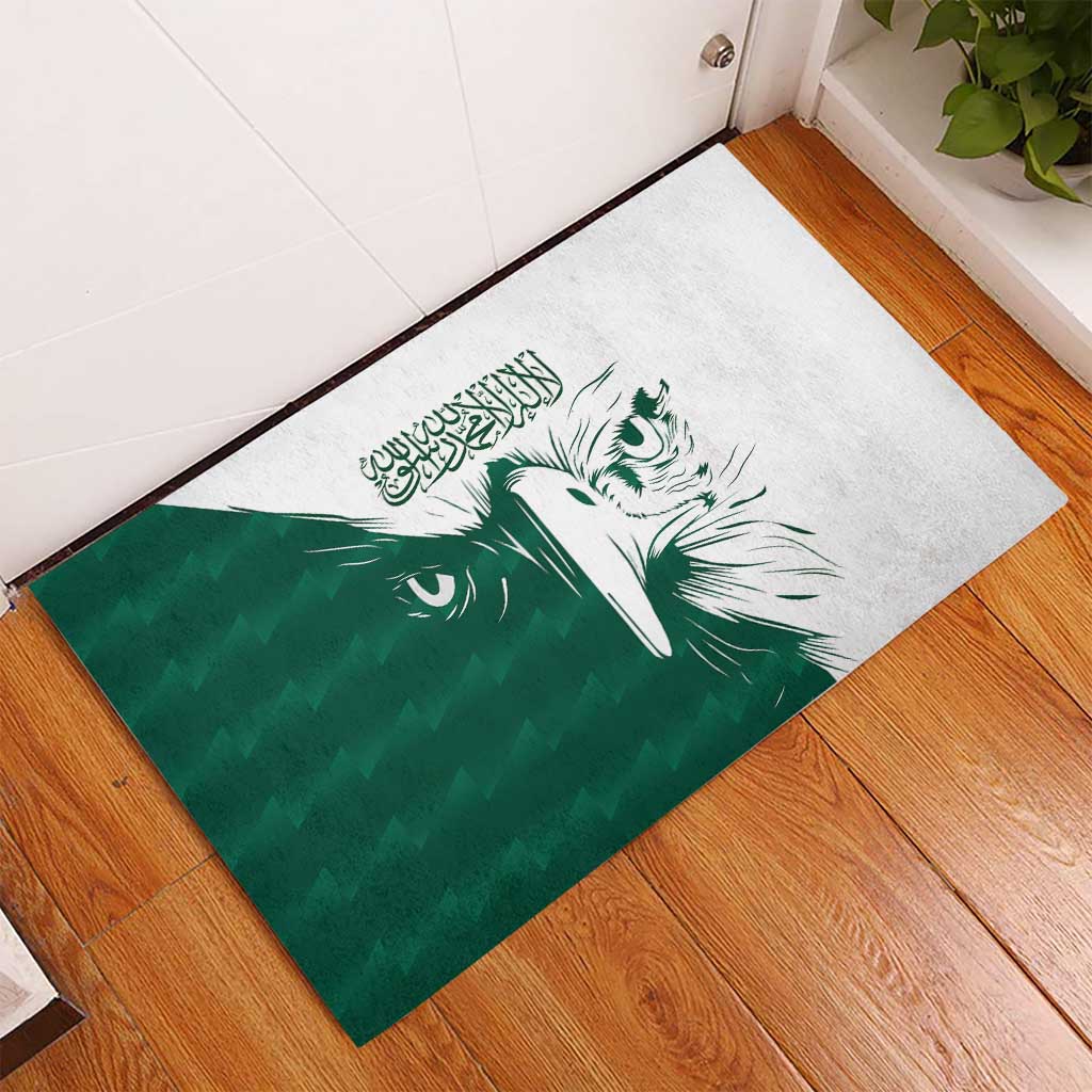 Green rubber doormat featuring white falcon head print with Arabic calligraphy