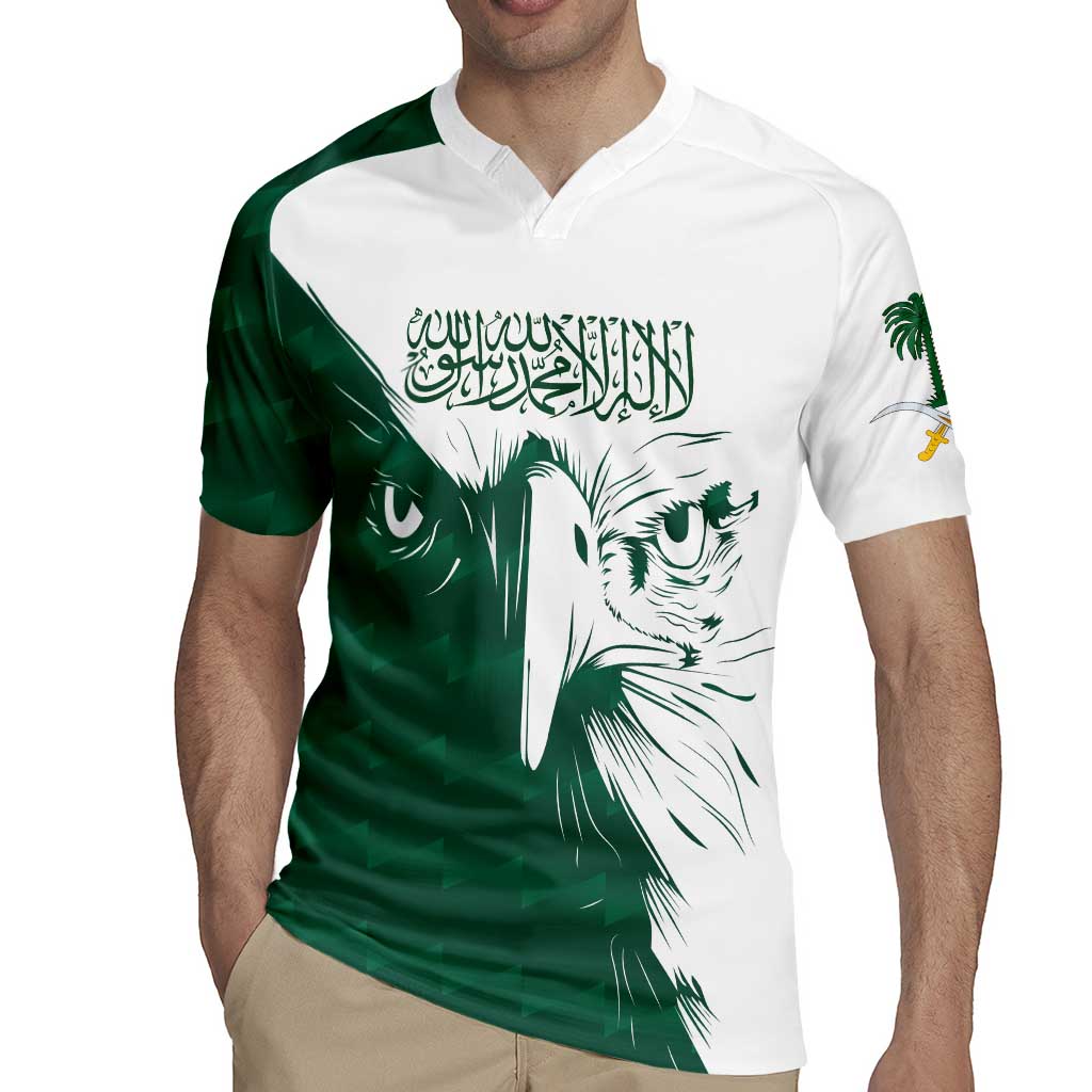 Green and white rugby polo shirt with eagle face and Arabic calligraphy print