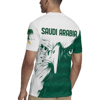 Green and white rugby polo shirt back with SAUDI ARABIA text and eagle face