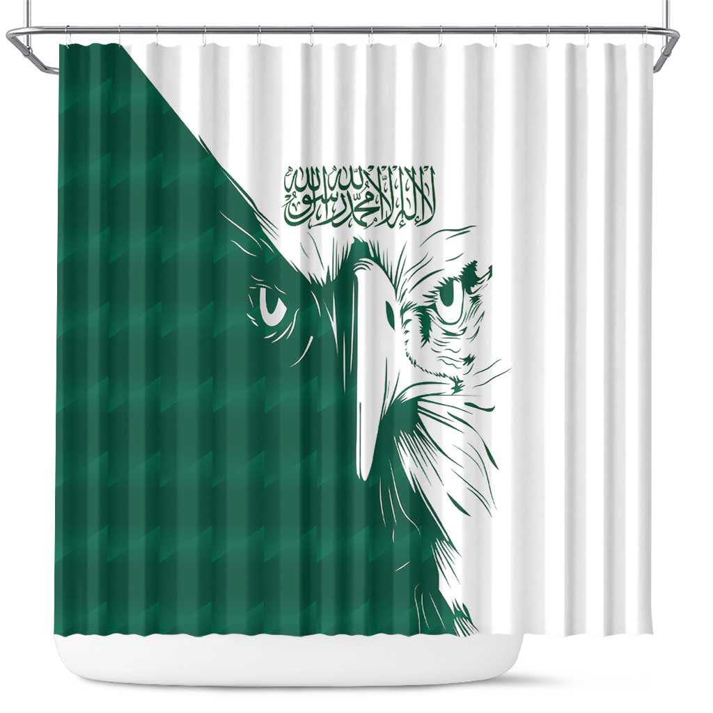 Green/white shower curtain with falcon head graphic, Arabic script, top grommets