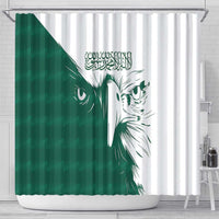 Green/white shower curtain with falcon head and Arabic script print, metal grommets