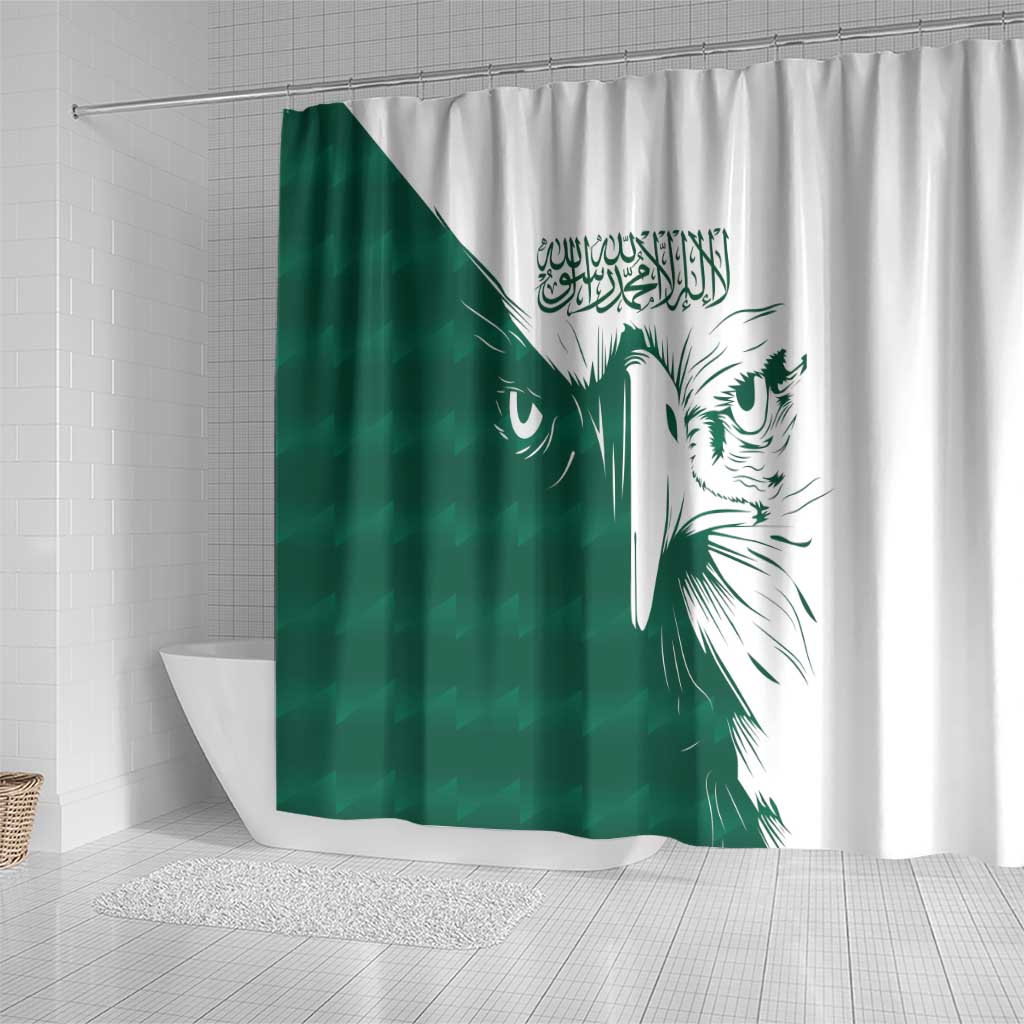 Green/white shower curtain with diagonal panels, falcon head, Arabic script