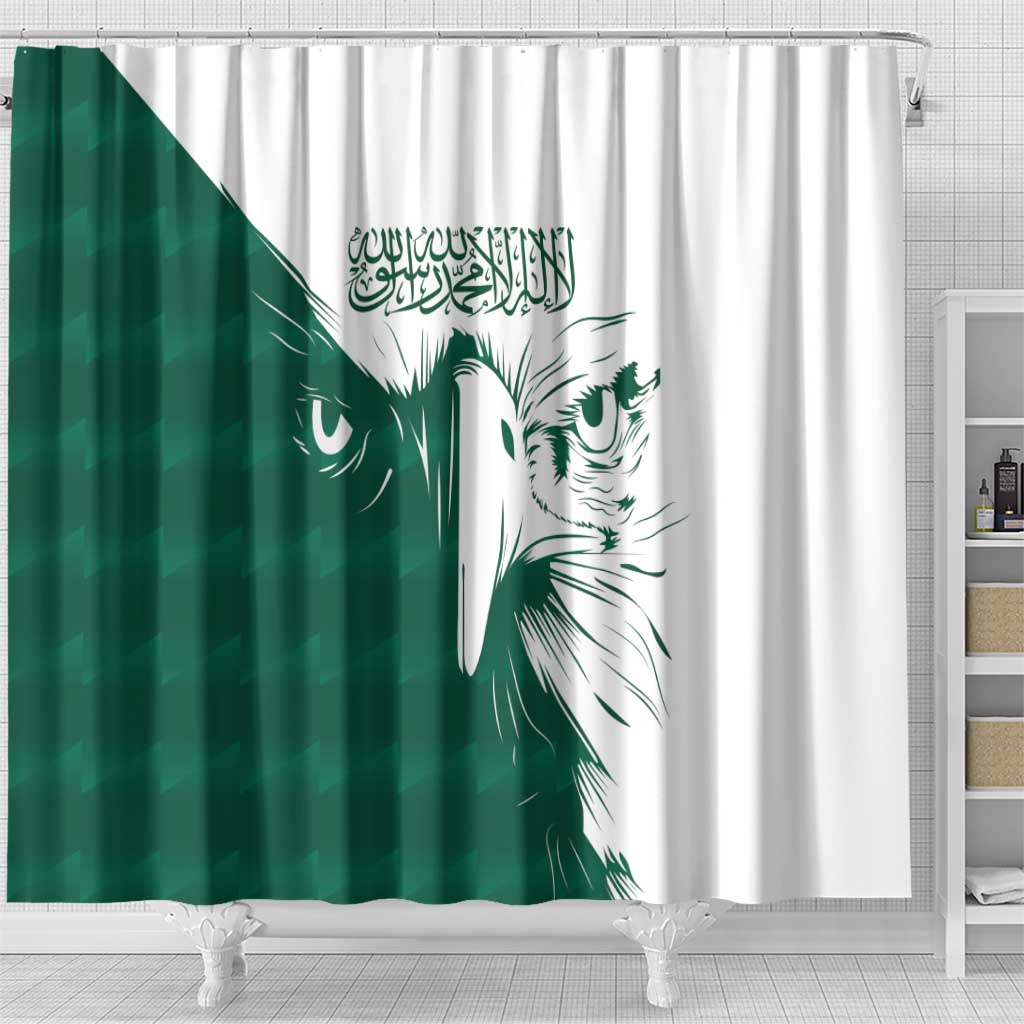 Green/white shower curtain with full-width falcon head and Arabic script