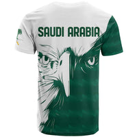 Green and white graphic falcon T-shirt with 'SAUDI ARABIA' text on back