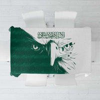 Green and white falcon graphic tablecloth with Arabic-style text, rectangular fabric