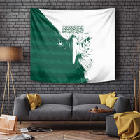 Green and white Saudi falcon tapestry with Arabic calligraphy and falcon face graphic