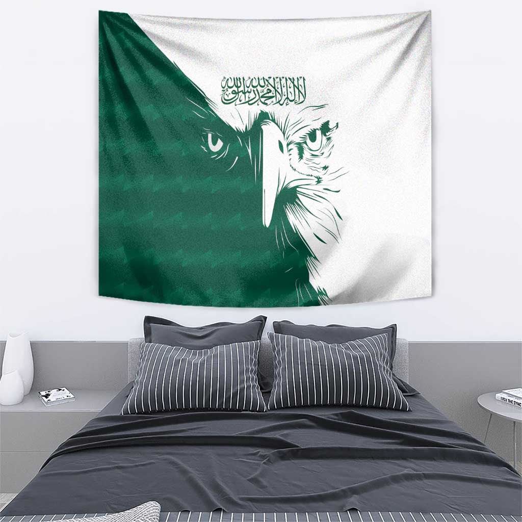 Green and white wall tapestry with split falcon face design and Arabic calligraphy