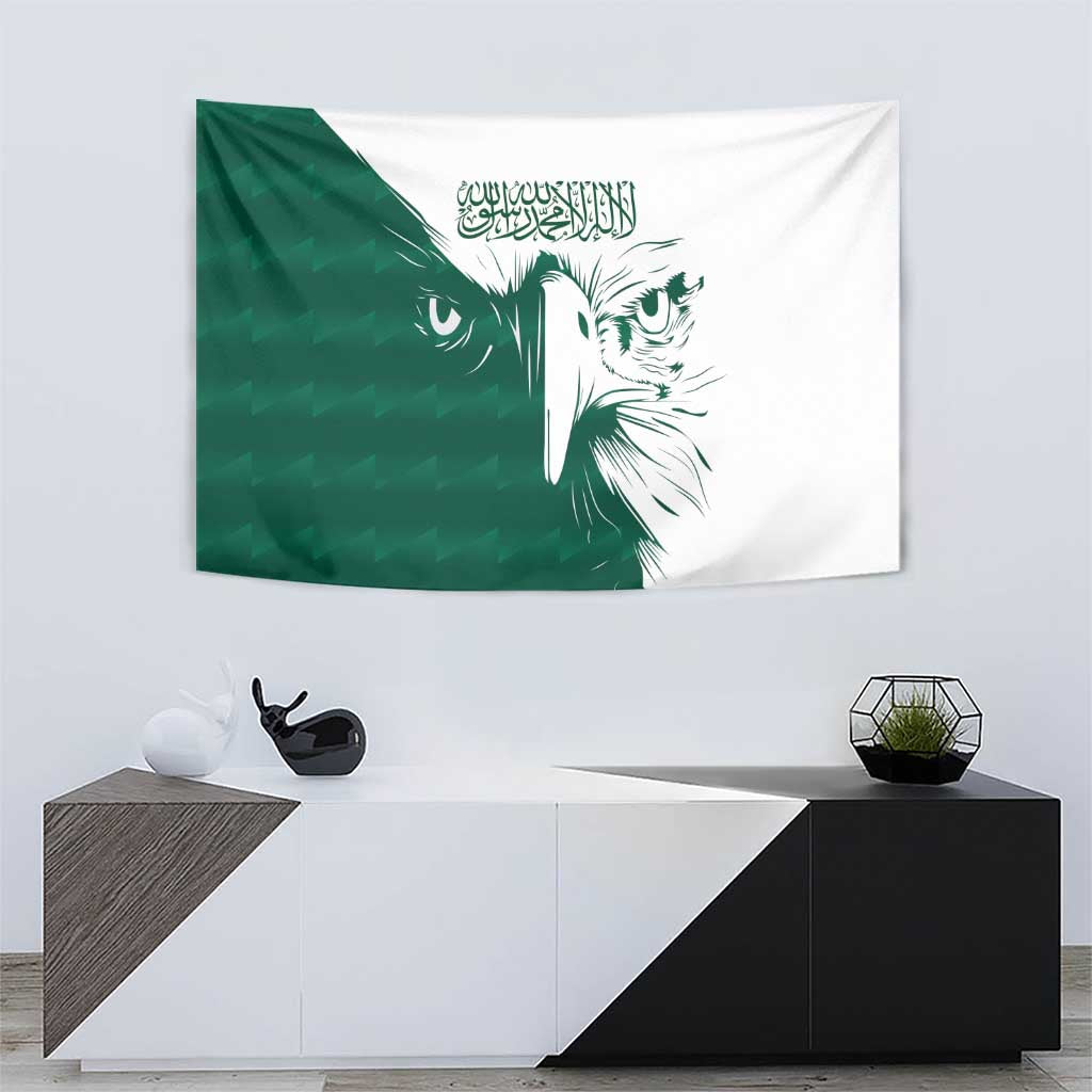 Green and white falcon tapestry with Arabic script above and detailed face illustration