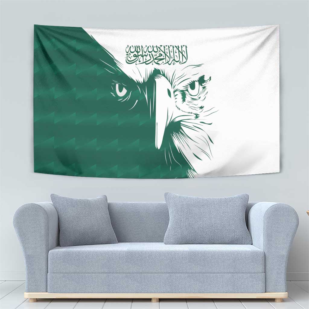 Green and white falcon wall tapestry with Arabic calligraphy and detailed face artwork