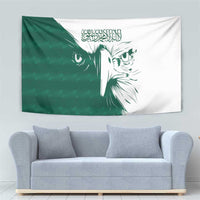 Green and white falcon wall tapestry with Arabic calligraphy and detailed face artwork