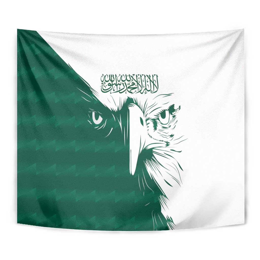 Green and white falcon tapestry with Arabic calligraphy and centered face artwork