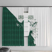 Green and white window curtain panels with falcon print and arched Arabic motifs