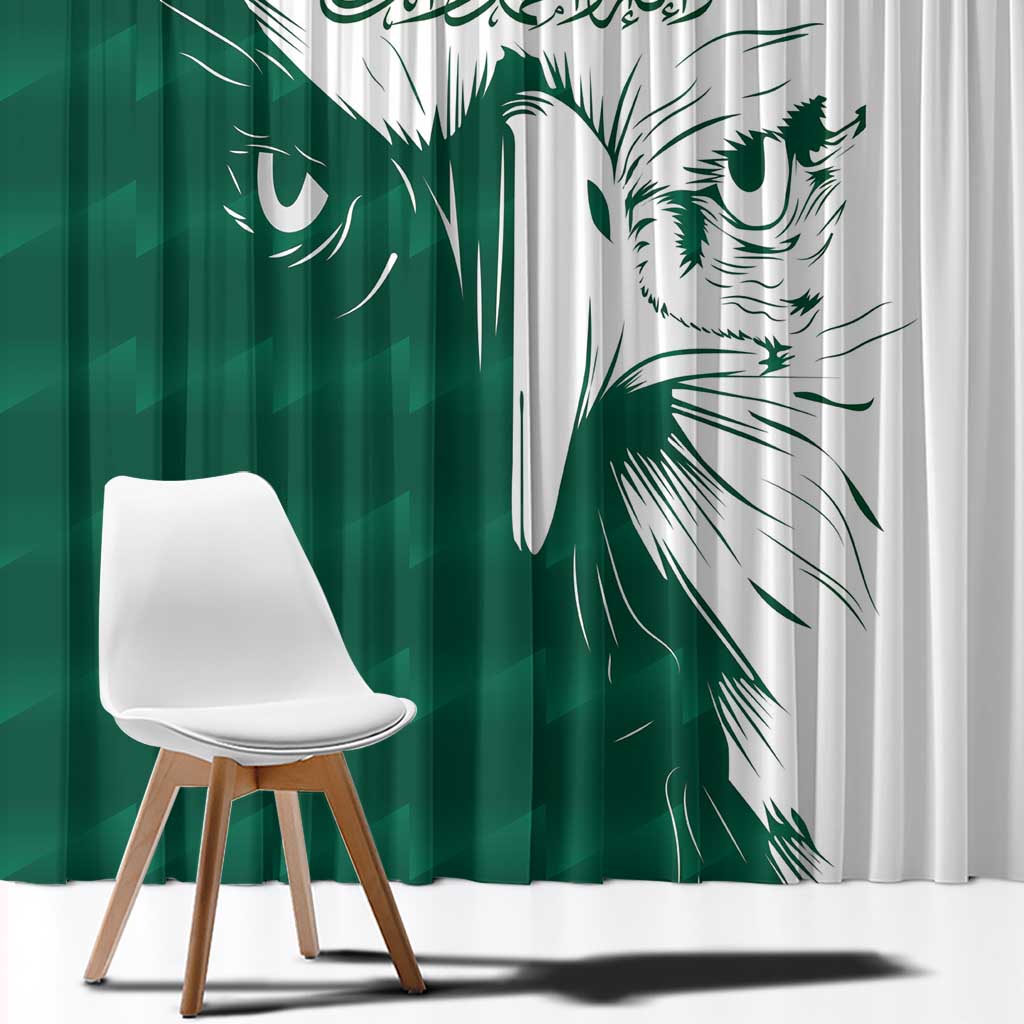 Green and white window curtain panels with large falcon head print and Arabic calligraphy