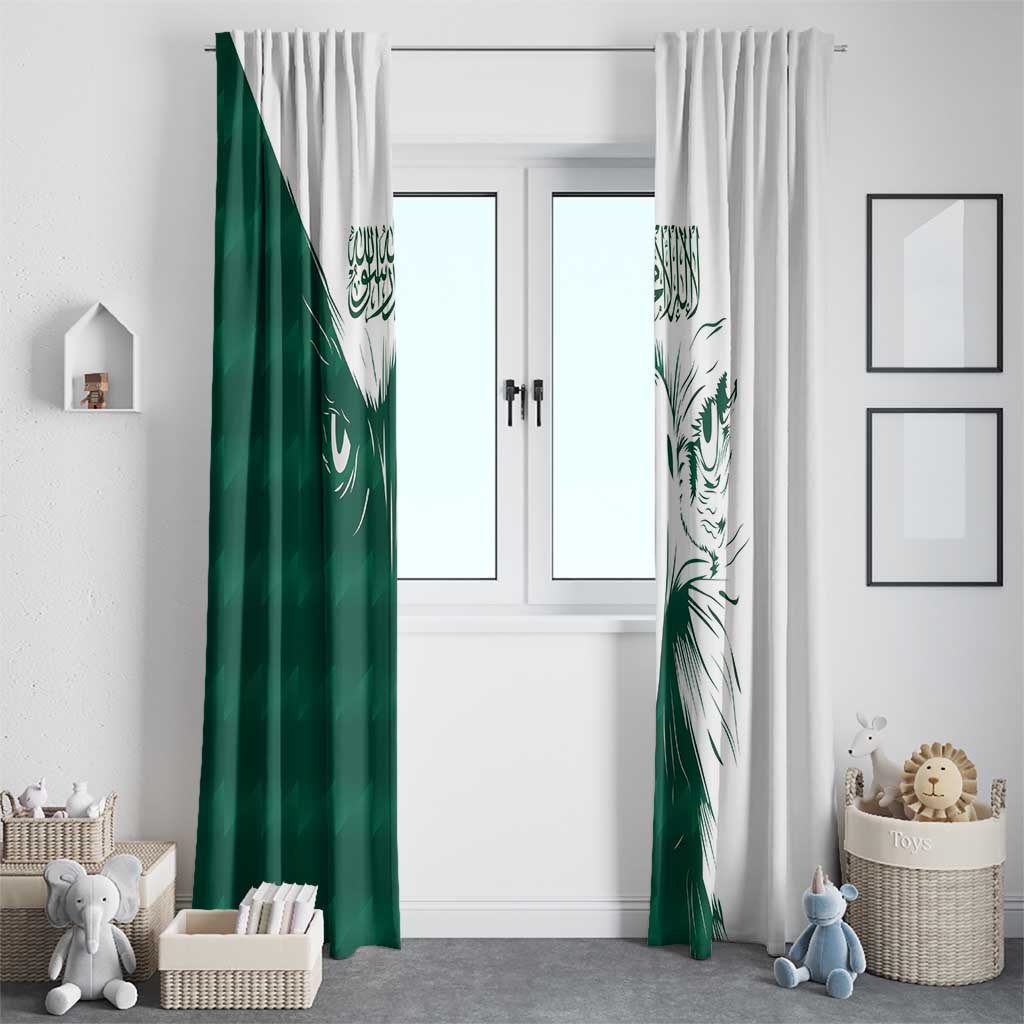 Green and white window curtain panels with bold falcon pattern and Arabic calligraphy
