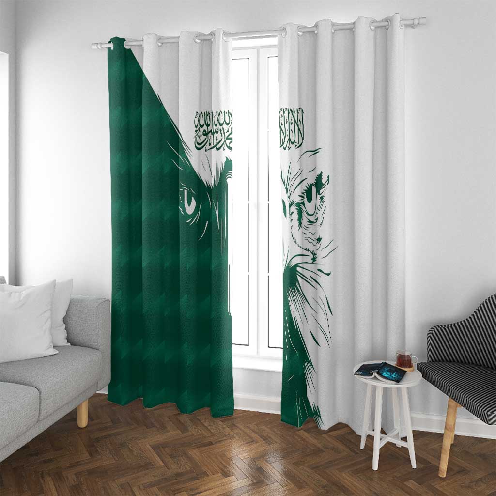 Green and white window curtain panels with bold falcon design and Arabic calligraphy
