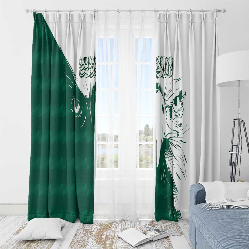 Green and white window curtain panels with falcon print and Arabic motifs; two-panel set